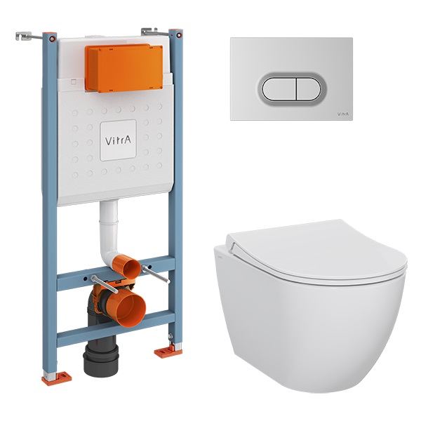 Комплект безободковый подвесной унитаз Mia Round + сиденье тонкое дюропласт м/л, кнопка матовая хром 9856B003-7200